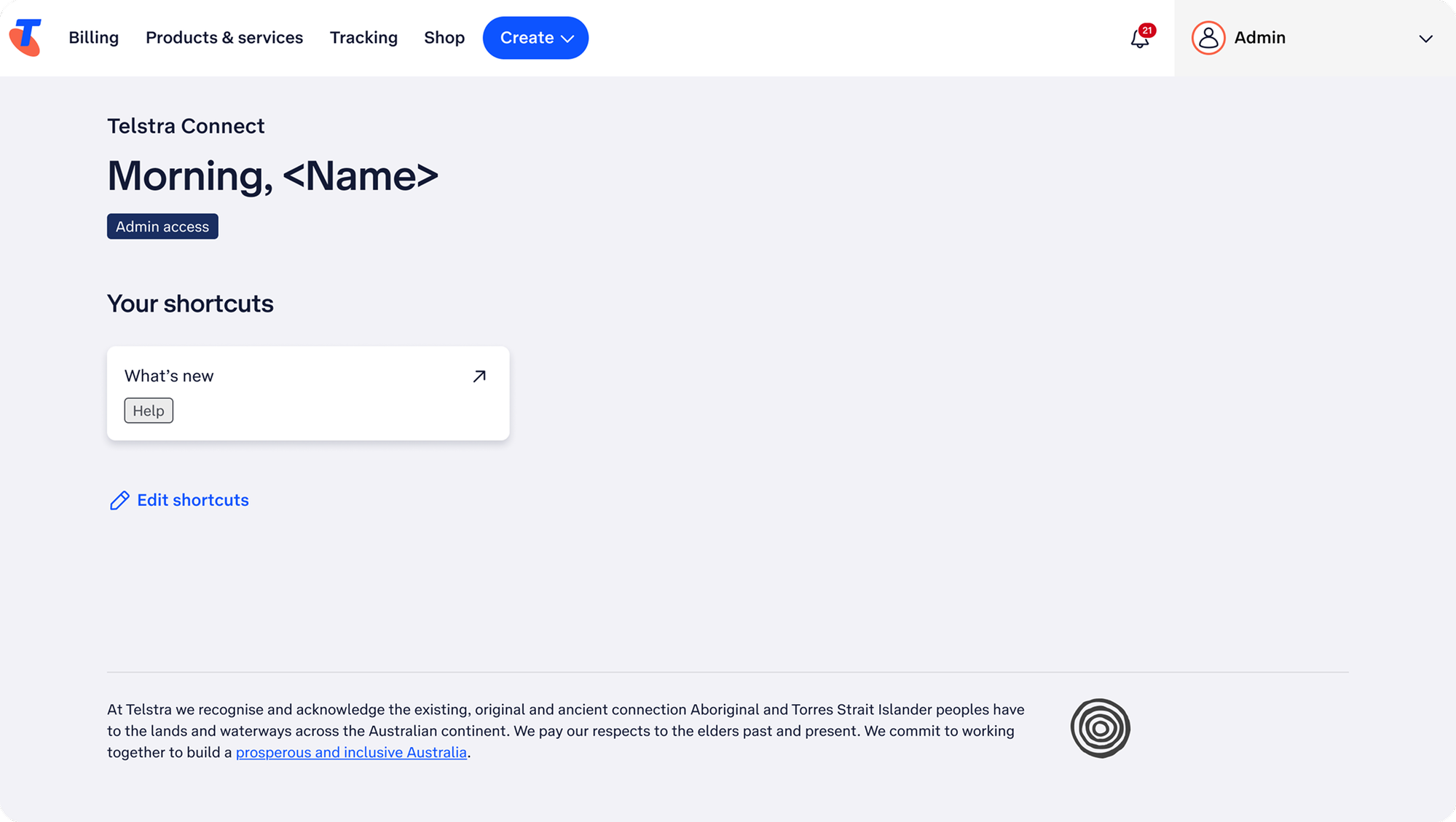 Default dashboard with shortcuts