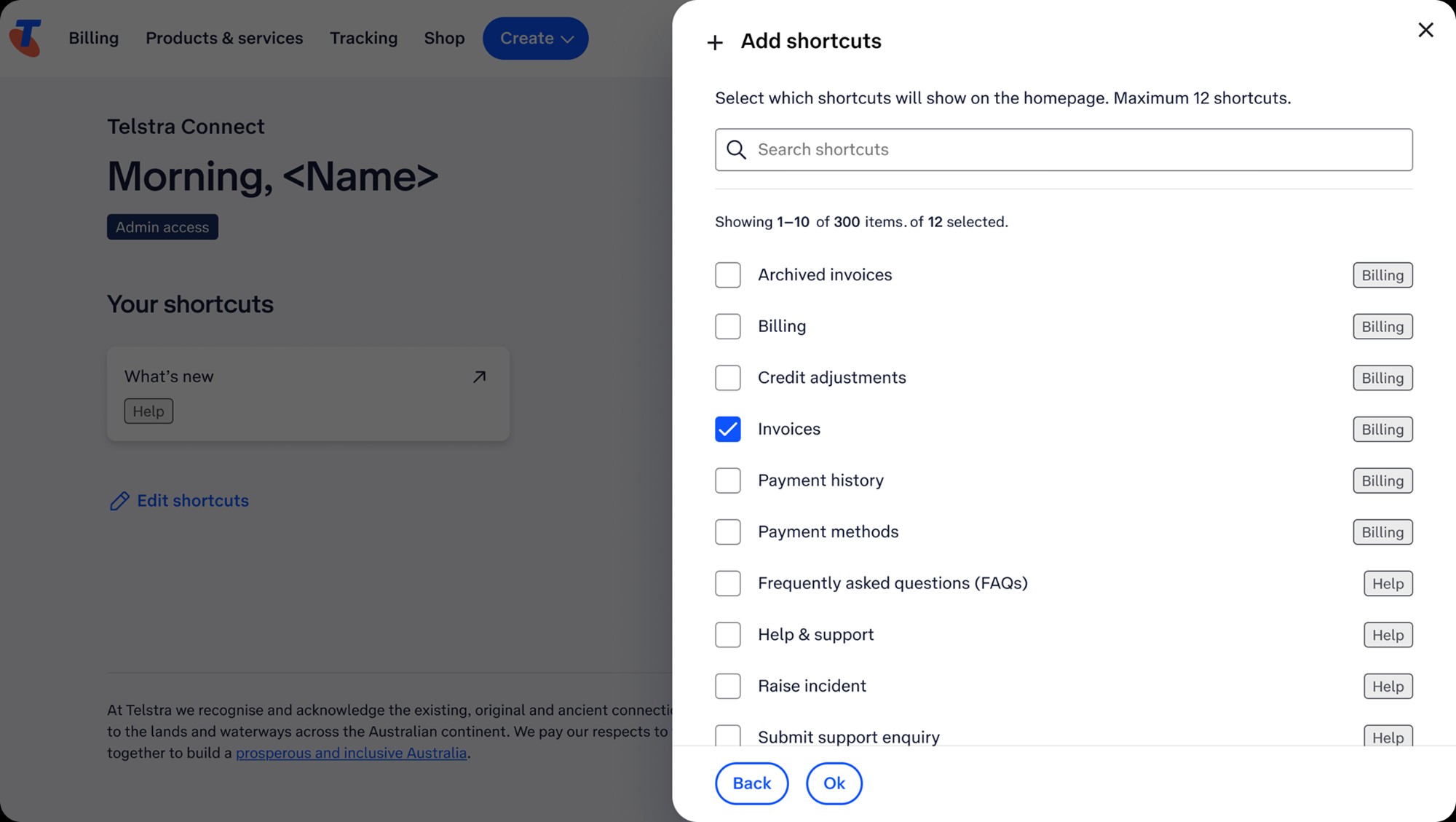 Selecting a shortcut